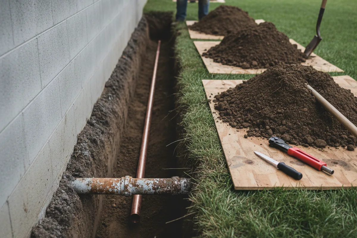 Excavated water line trench during Water Heater Repair in Cooleemee